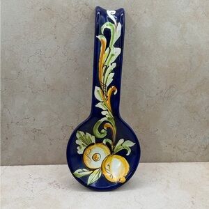 1970's  Hand Painted Large Spoon Rest Cobalt With Lemons Italy Talavera M. Boria